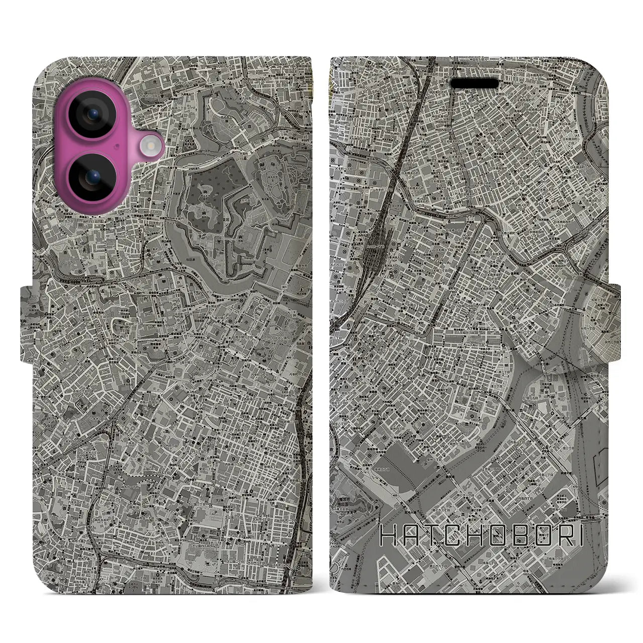 【八丁堀(東京都)】地図柄iPhoneケース(手帳タイプ)モノトーン・iPhone 16 Pro 用