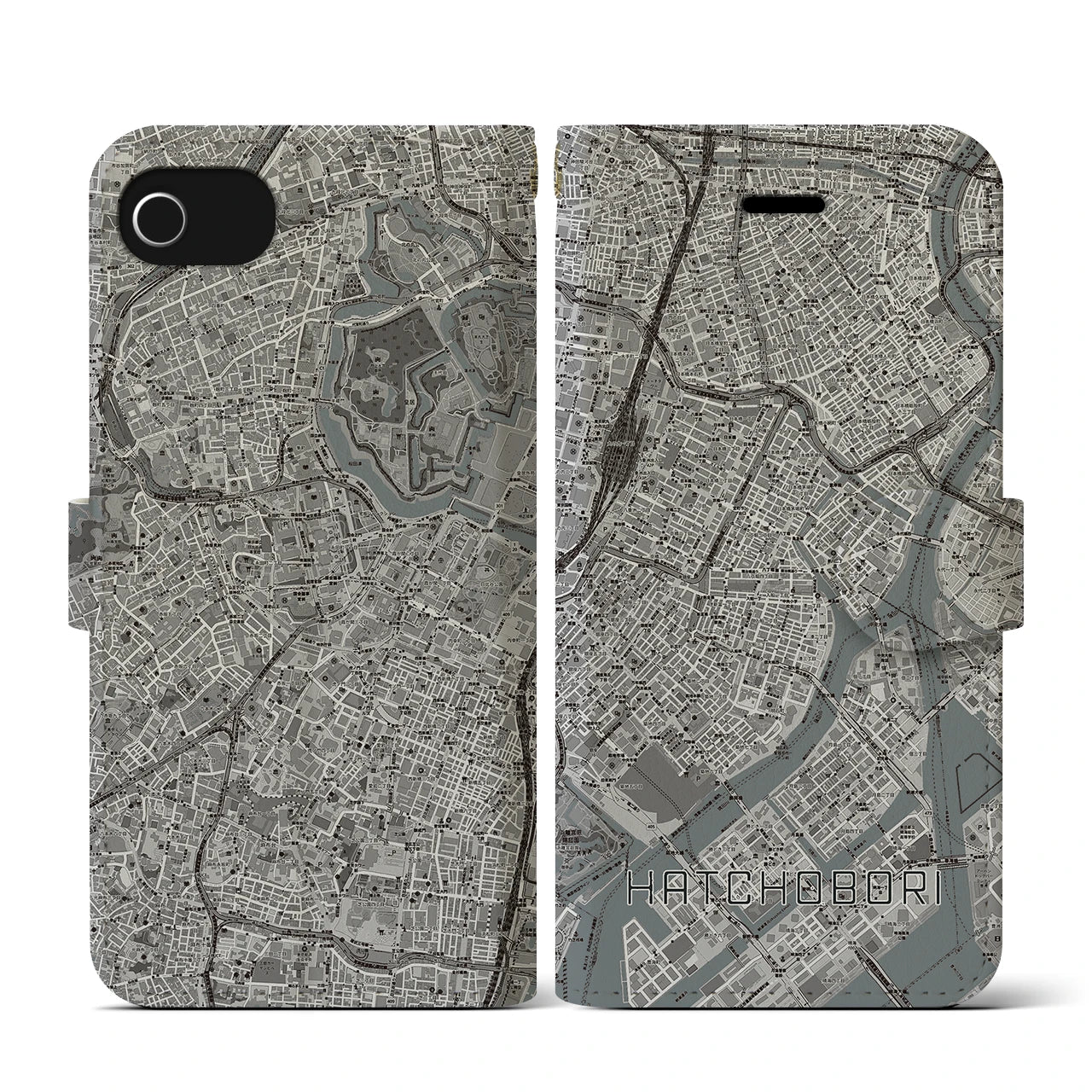 【八丁堀(東京都)】地図柄iPhoneケース(手帳タイプ)モノトーン・iPhone SE(第3 / 第2世代) / 8 / 7 / 6s / 6 用