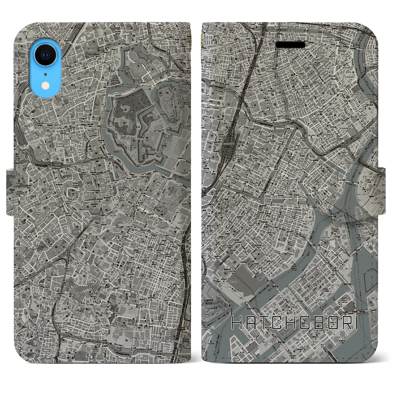【八丁堀(東京都)】地図柄iPhoneケース(手帳タイプ)モノトーン・iPhone XR 用