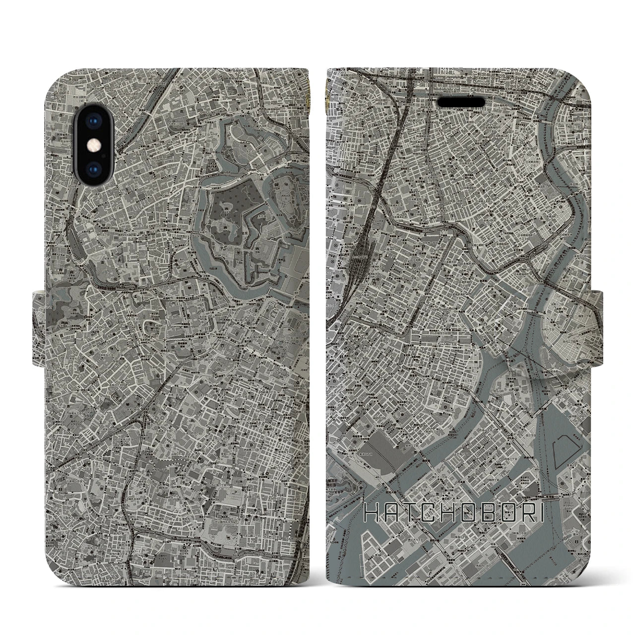 【八丁堀(東京都)】地図柄iPhoneケース(手帳タイプ)モノトーン・iPhone XS / X 用