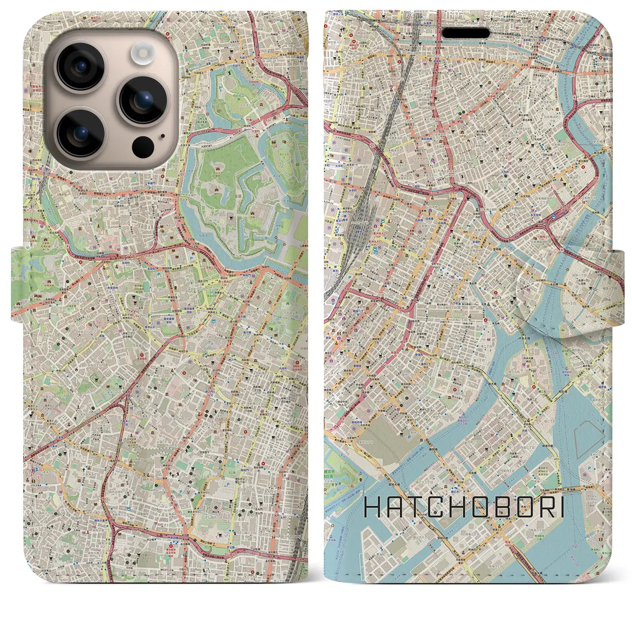 【八丁堀(東京都)】地図柄iPhoneケース(手帳タイプ)ナチュラル・iPhone 16 Plus 用