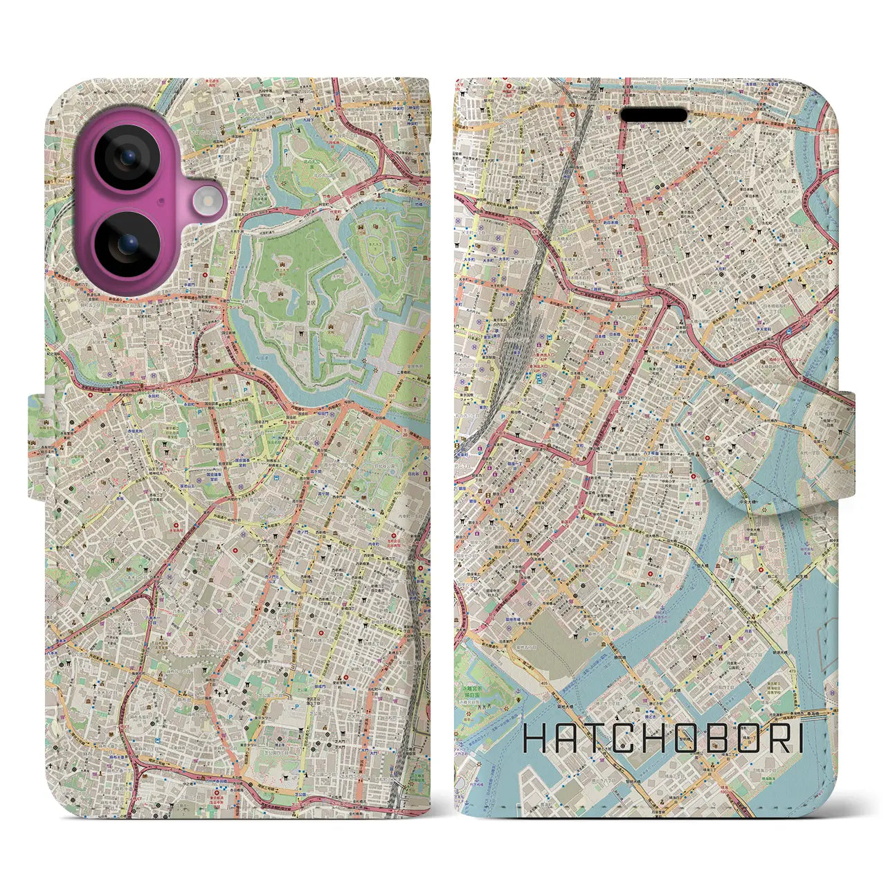 【八丁堀(東京都)】地図柄iPhoneケース(手帳タイプ)ナチュラル・iPhone 16 Pro 用