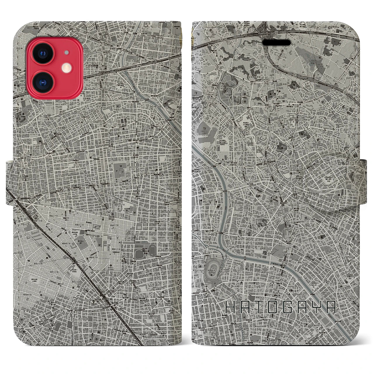 【鳩ヶ谷(埼玉県)】地図柄iPhoneケース(手帳タイプ)モノトーン・iPhone 11 用