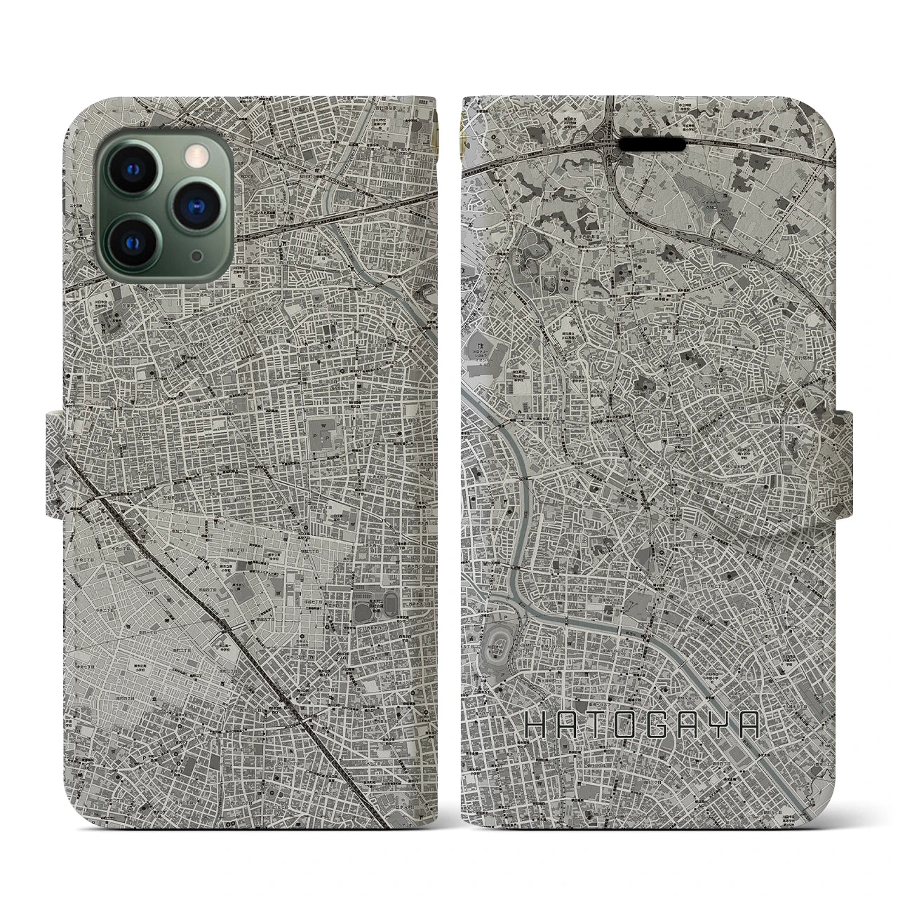 【鳩ヶ谷(埼玉県)】地図柄iPhoneケース(手帳タイプ)モノトーン・iPhone 11 Pro 用