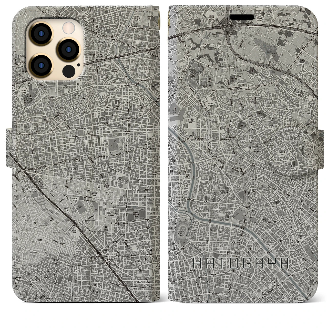 【鳩ヶ谷(埼玉県)】地図柄iPhoneケース(手帳タイプ)モノトーン・iPhone 12 Pro Max 用
