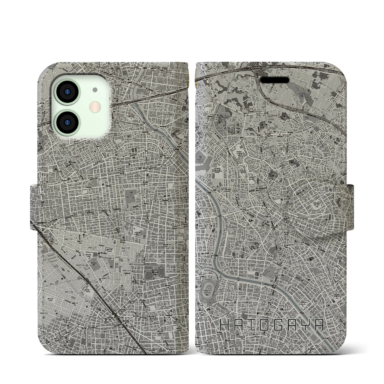 【鳩ヶ谷(埼玉県)】地図柄iPhoneケース(手帳タイプ)モノトーン・iPhone 12 mini 用