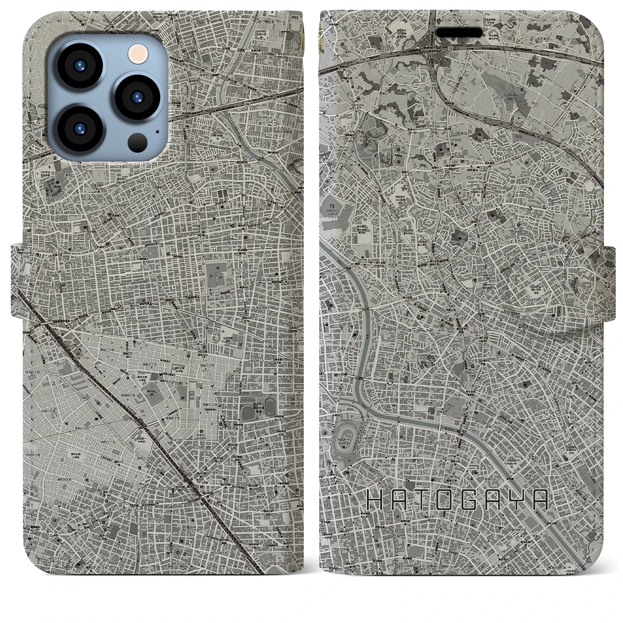 【鳩ヶ谷(埼玉県)】地図柄iPhoneケース(手帳タイプ)モノトーン・iPhone 13 Pro Max 用