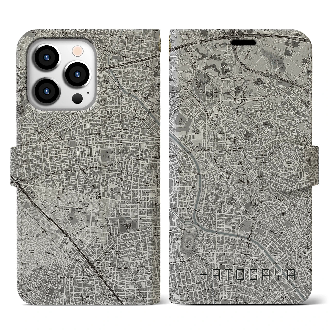 【鳩ヶ谷(埼玉県)】地図柄iPhoneケース(手帳タイプ)モノトーン・iPhone 13 Pro 用