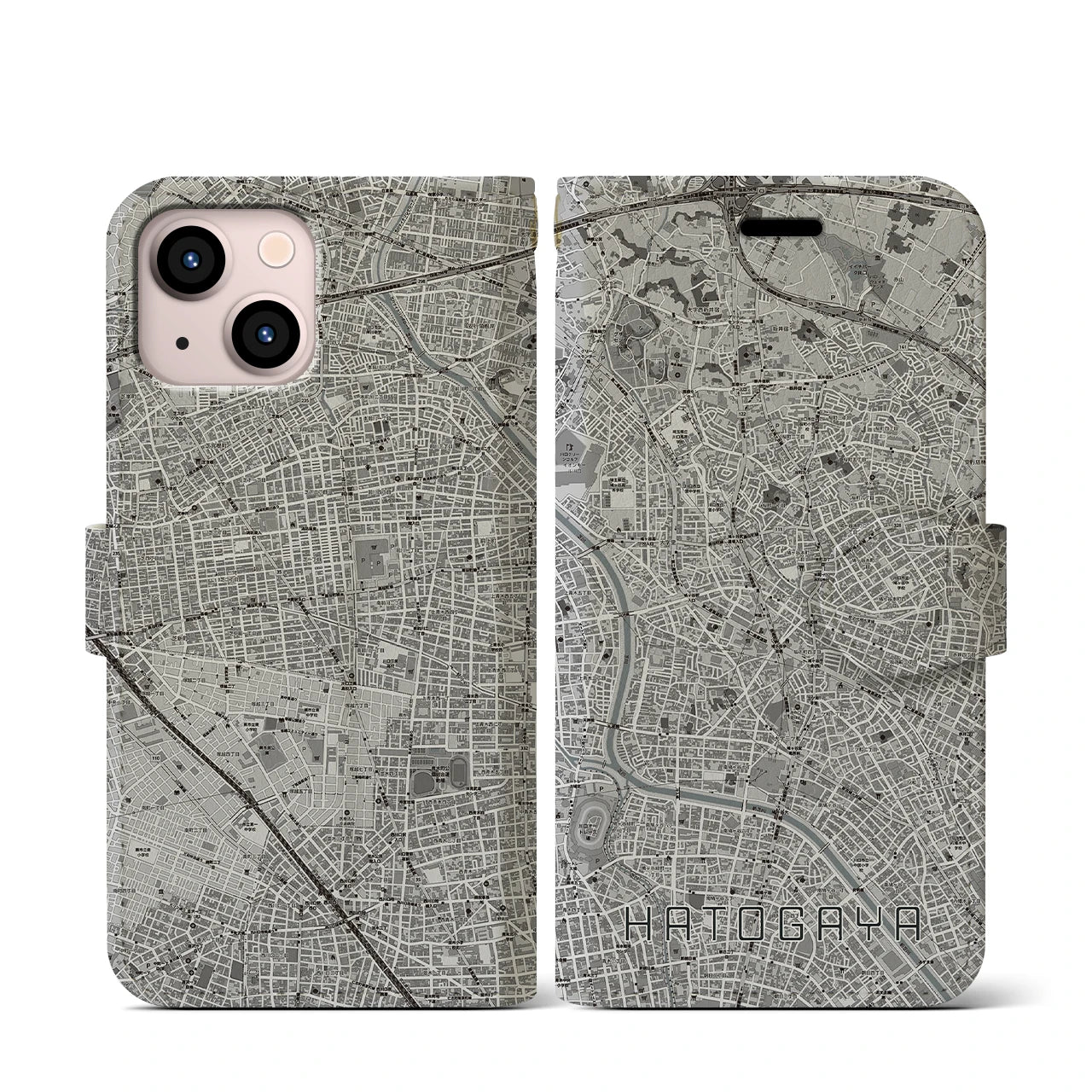 【鳩ヶ谷(埼玉県)】地図柄iPhoneケース(手帳タイプ)モノトーン・iPhone 13 mini 用
