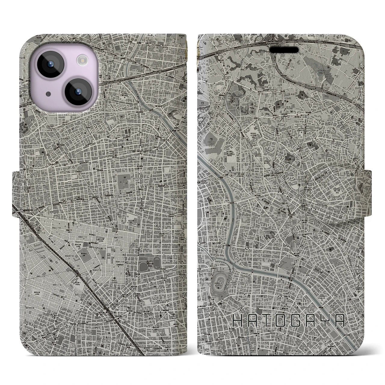 【鳩ヶ谷(埼玉県)】地図柄iPhoneケース(手帳タイプ)モノトーン・iPhone 14 用