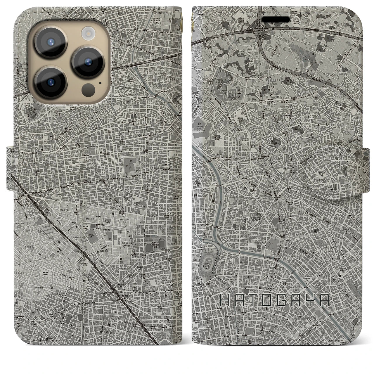 【鳩ヶ谷(埼玉県)】地図柄iPhoneケース(手帳タイプ)モノトーン・iPhone 14 Pro Max 用