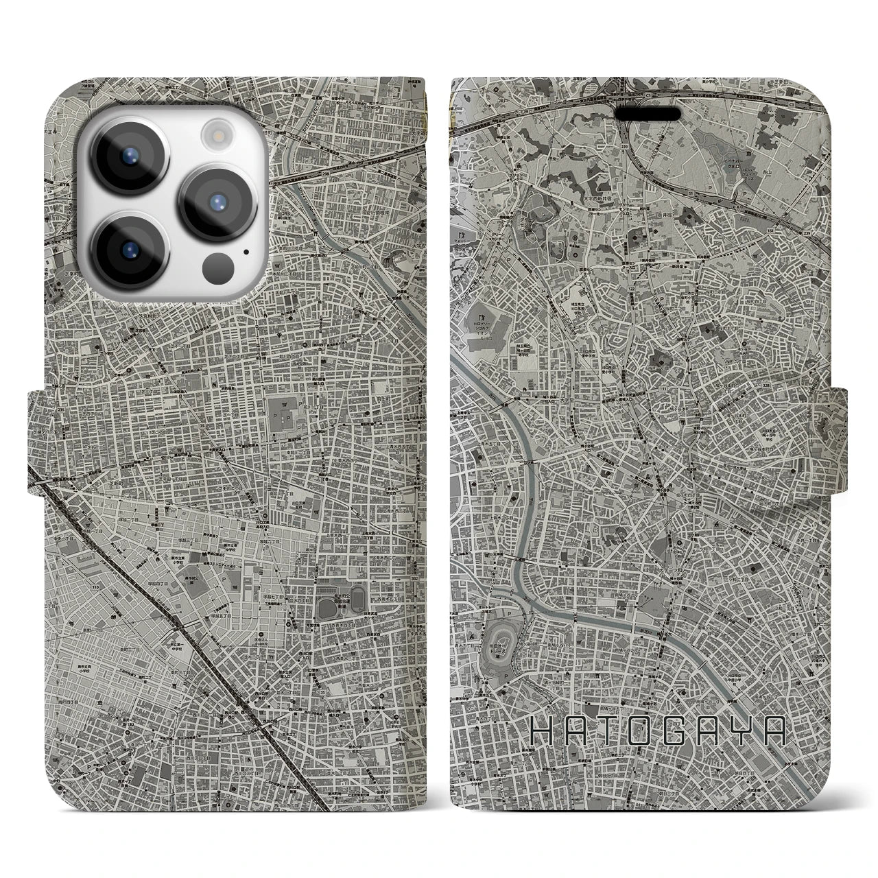 【鳩ヶ谷(埼玉県)】地図柄iPhoneケース(手帳タイプ)モノトーン・iPhone 14 Pro 用