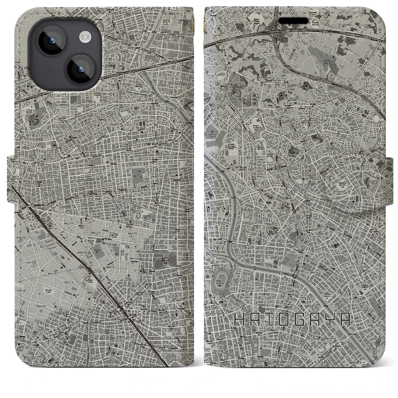 【鳩ヶ谷(埼玉県)】地図柄iPhoneケース(手帳タイプ)モノトーン・iPhone 14 Plus 用