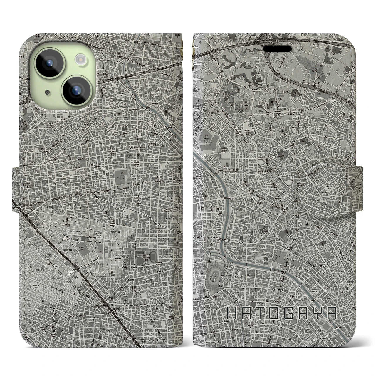 【鳩ヶ谷(埼玉県)】地図柄iPhoneケース(手帳タイプ)モノトーン・iPhone 15 用