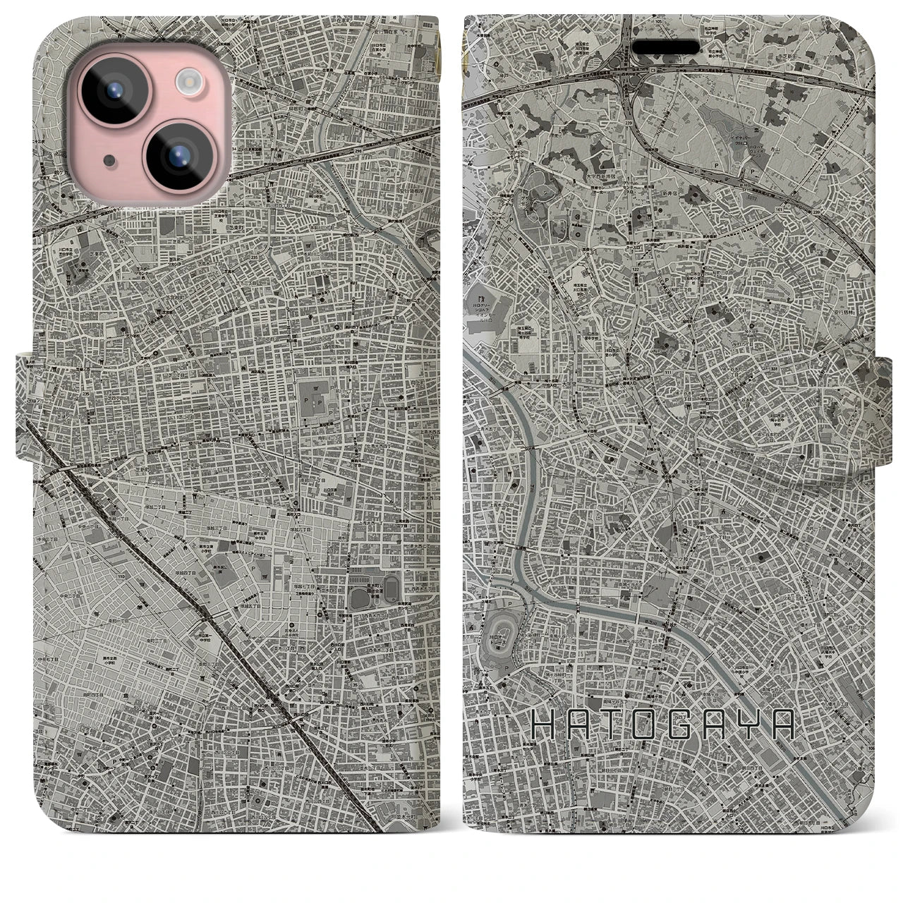 【鳩ヶ谷(埼玉県)】地図柄iPhoneケース(手帳タイプ)モノトーン・iPhone 15 Plus 用