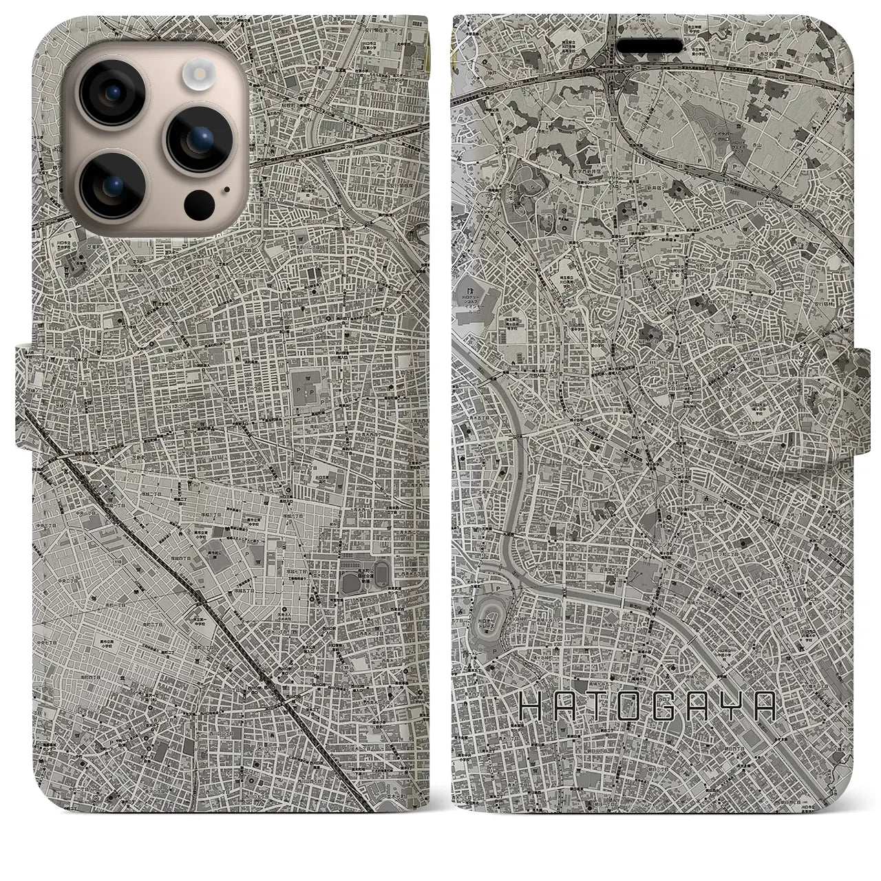 【鳩ヶ谷(埼玉県)】地図柄iPhoneケース(手帳タイプ)モノトーン・iPhone 16 Plus 用