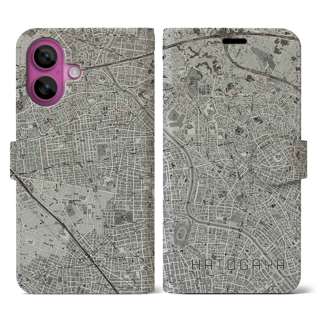 【鳩ヶ谷(埼玉県)】地図柄iPhoneケース(手帳タイプ)モノトーン・iPhone 16 Pro 用