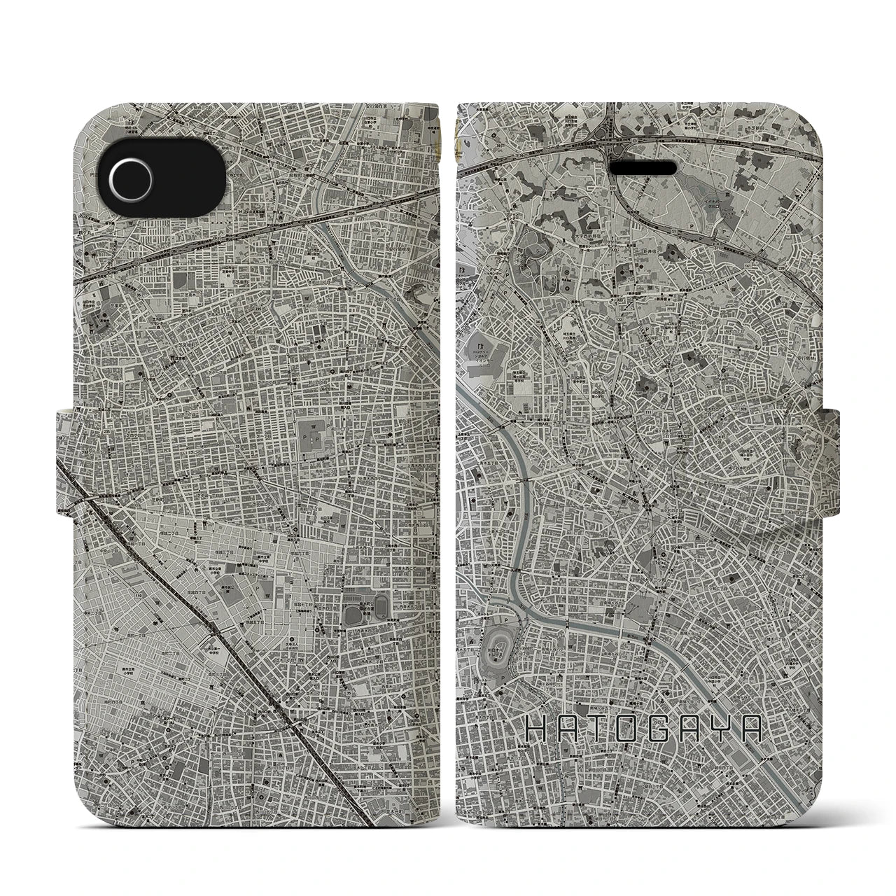 【鳩ヶ谷(埼玉県)】地図柄iPhoneケース(手帳タイプ)モノトーン・iPhone SE(第3 / 第2世代) / 8 / 7 / 6s / 6 用