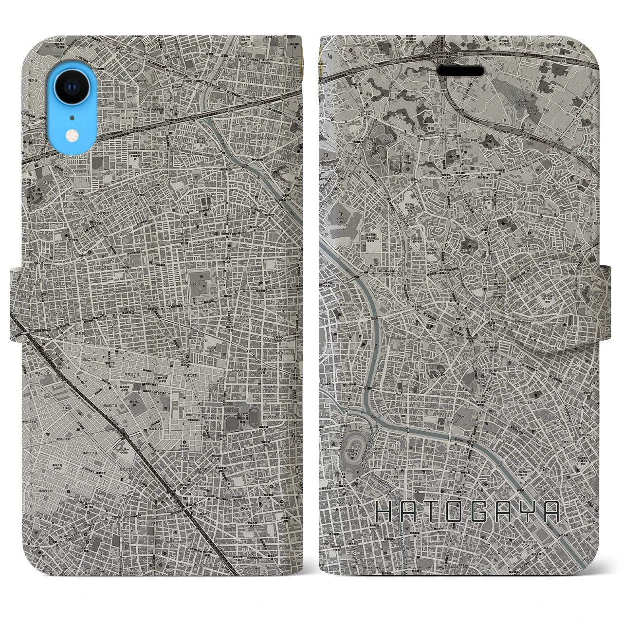 【鳩ヶ谷(埼玉県)】地図柄iPhoneケース(手帳タイプ)モノトーン・iPhone XR 用