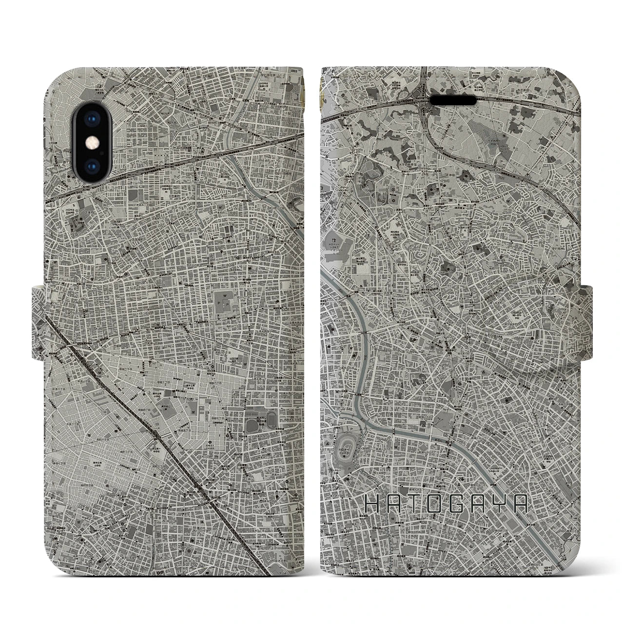 【鳩ヶ谷(埼玉県)】地図柄iPhoneケース(手帳タイプ)モノトーン・iPhone XS / X 用