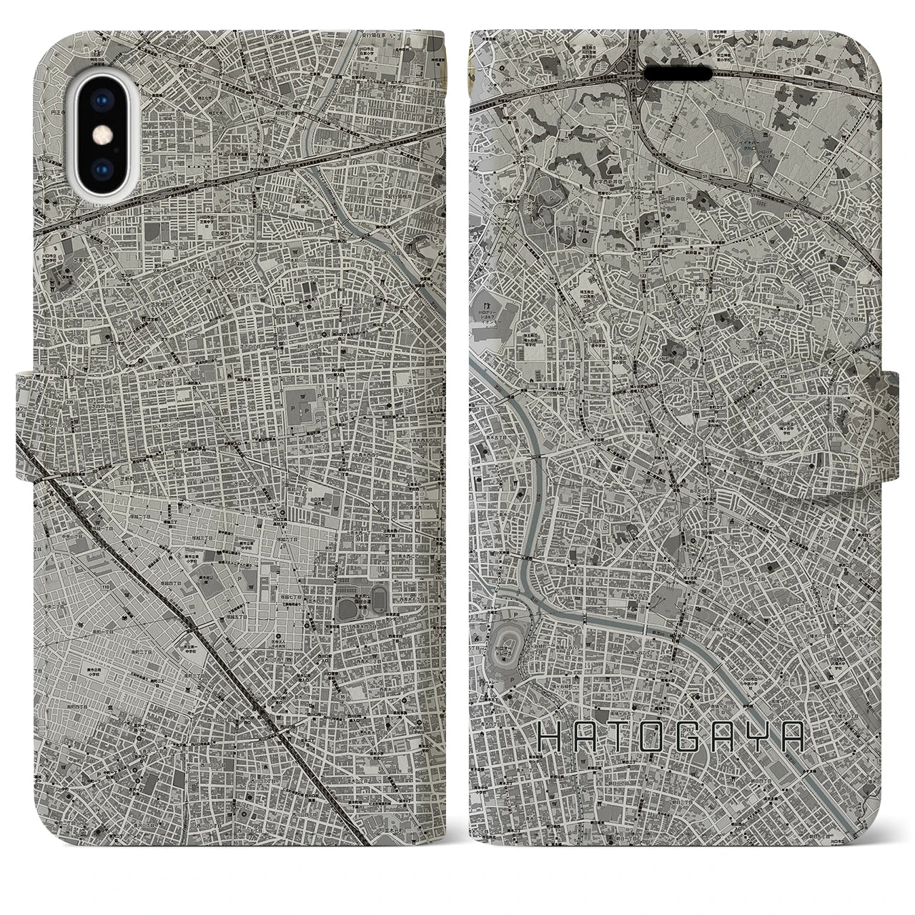 【鳩ヶ谷(埼玉県)】地図柄iPhoneケース(手帳タイプ)モノトーン・iPhone XS Max 用