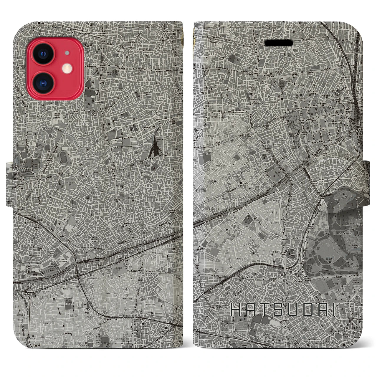 【初台(東京都)】地図柄iPhoneケース(手帳タイプ)モノトーン・iPhone 11 用