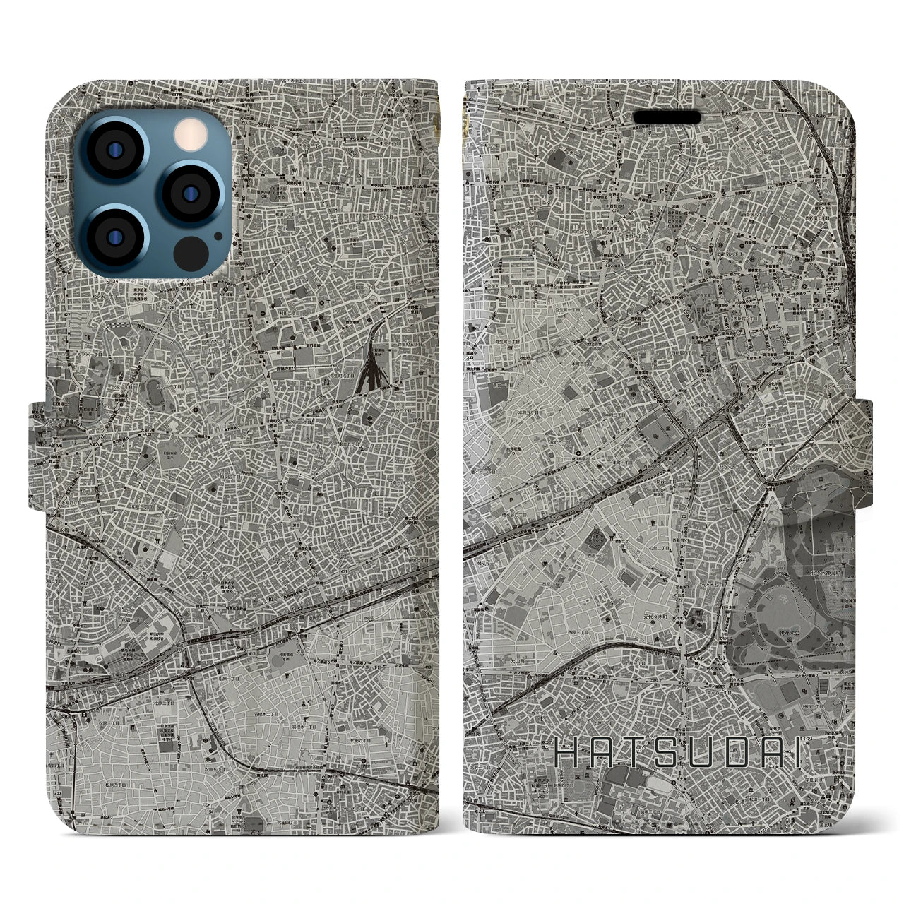 【初台(東京都)】地図柄iPhoneケース(手帳タイプ)モノトーン・iPhone 12 / 12 Pro 用
