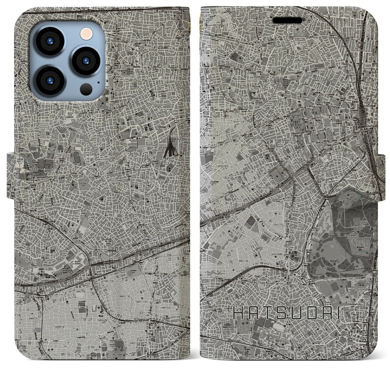 【初台(東京都)】地図柄iPhoneケース(手帳タイプ)モノトーン・iPhone 13 Pro Max 用