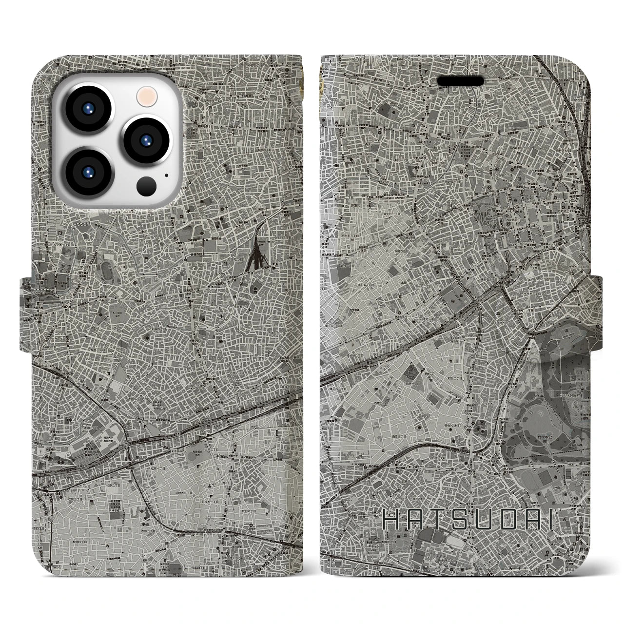 【初台(東京都)】地図柄iPhoneケース(手帳タイプ)モノトーン・iPhone 13 Pro 用