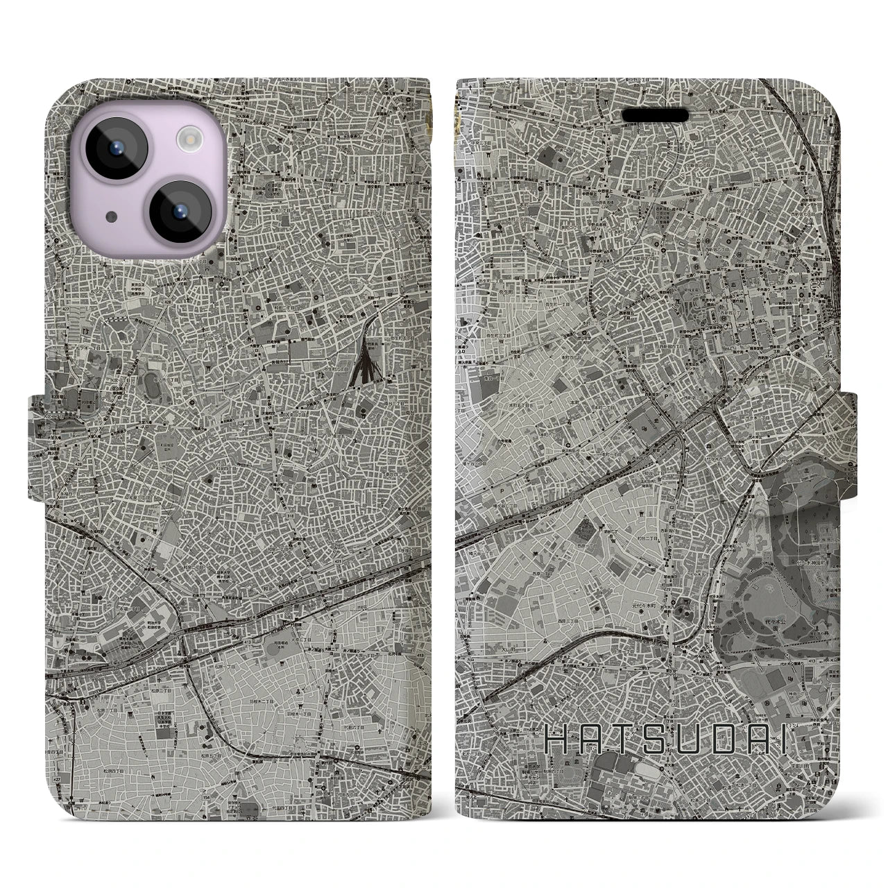 【初台(東京都)】地図柄iPhoneケース(手帳タイプ)モノトーン・iPhone 14 用