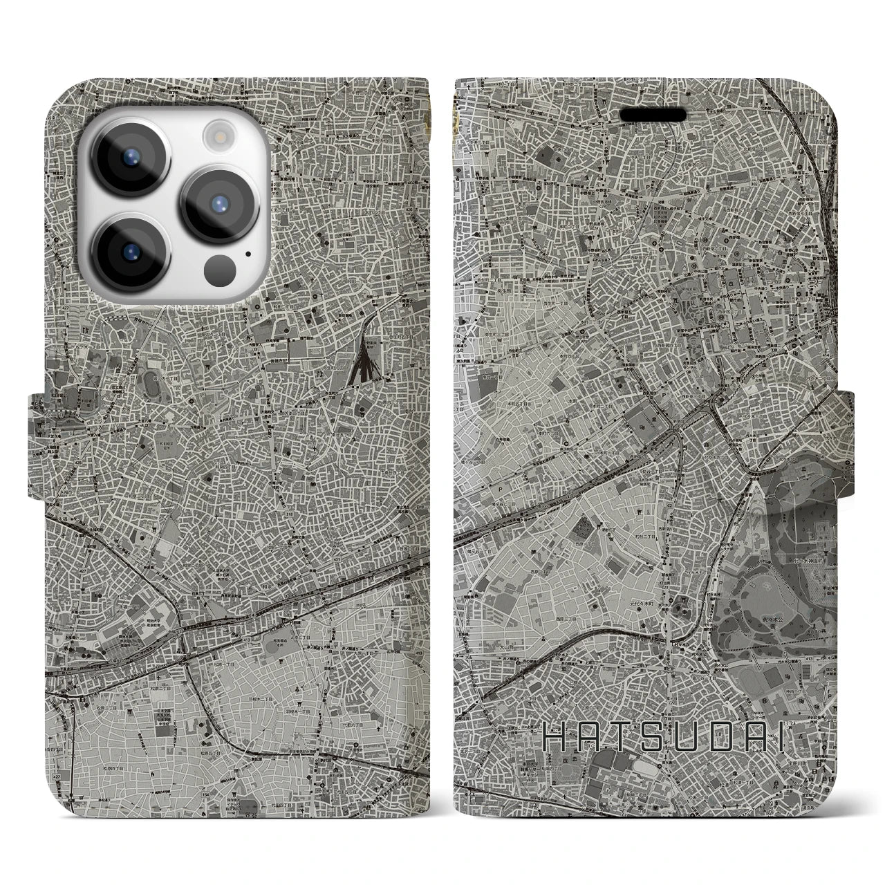 【初台(東京都)】地図柄iPhoneケース(手帳タイプ)モノトーン・iPhone 14 Pro 用