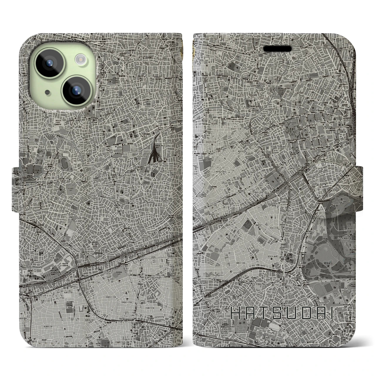 【初台(東京都)】地図柄iPhoneケース(手帳タイプ)モノトーン・iPhone 15 用