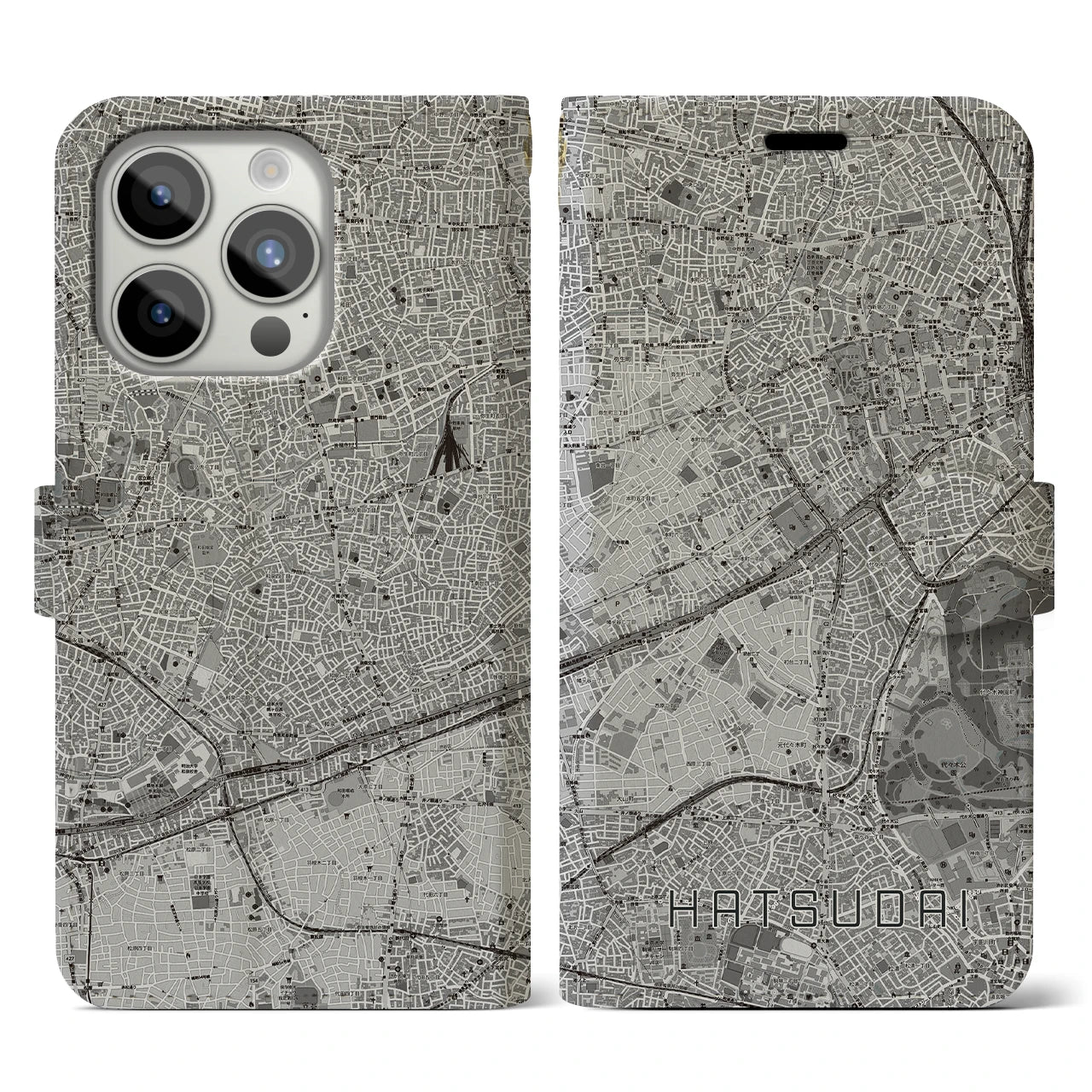 【初台(東京都)】地図柄iPhoneケース(手帳タイプ)モノトーン・iPhone 15 Pro 用