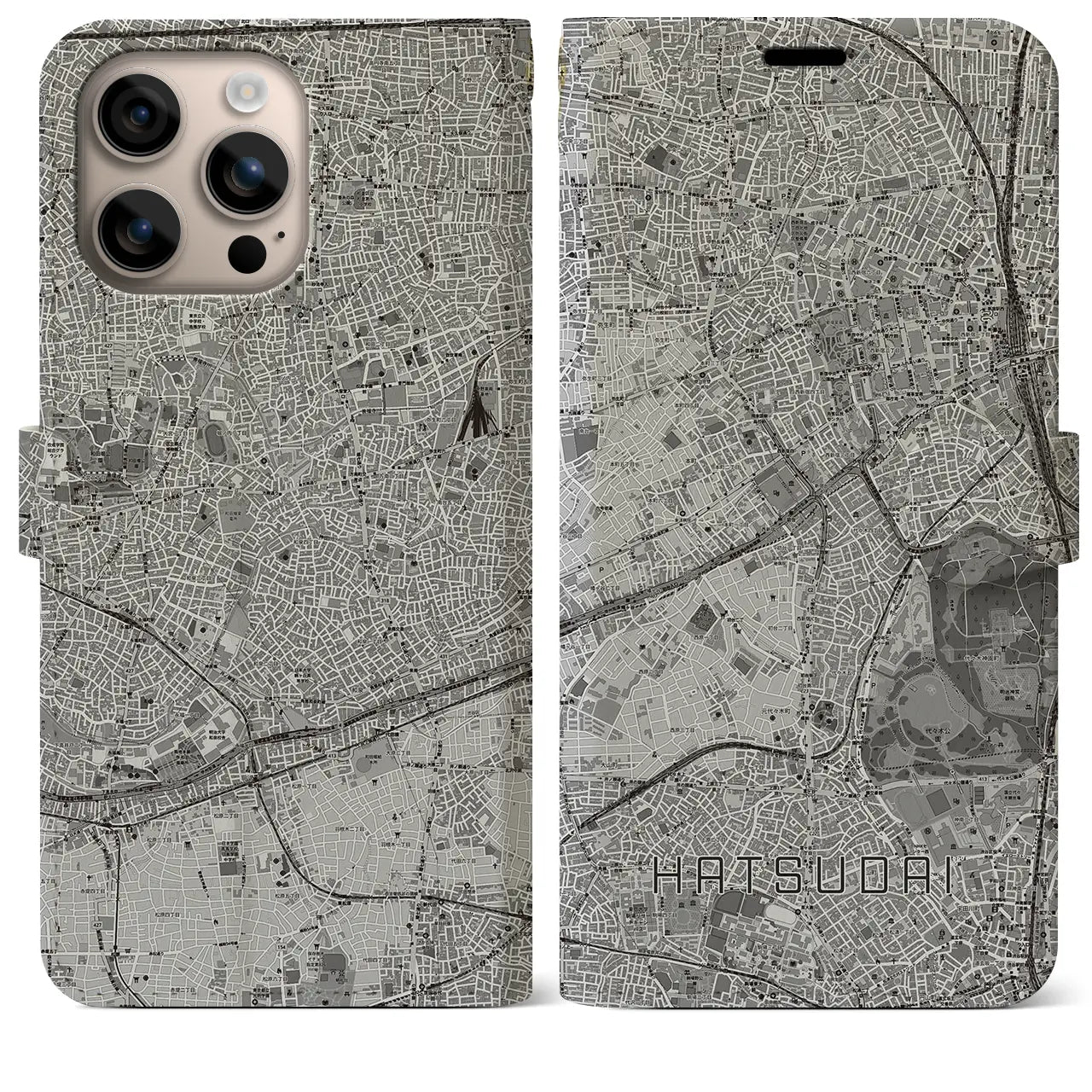 【初台(東京都)】地図柄iPhoneケース(手帳タイプ)モノトーン・iPhone 16 Plus 用