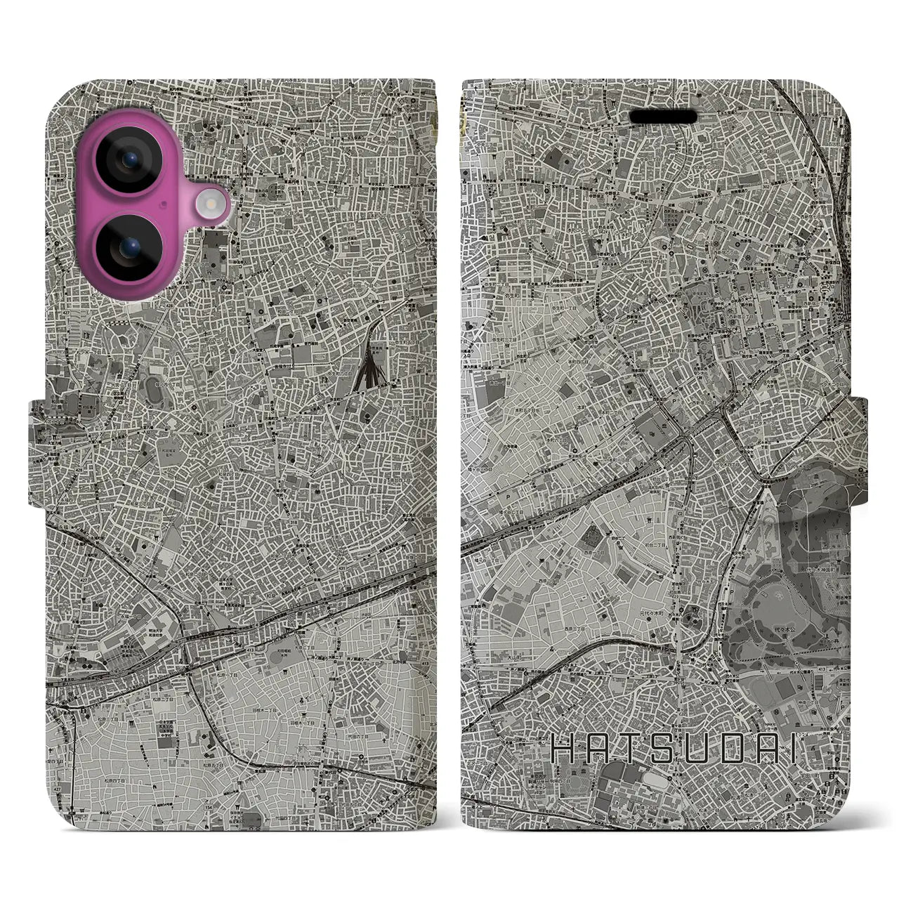 【初台(東京都)】地図柄iPhoneケース(手帳タイプ)モノトーン・iPhone 16 Pro 用