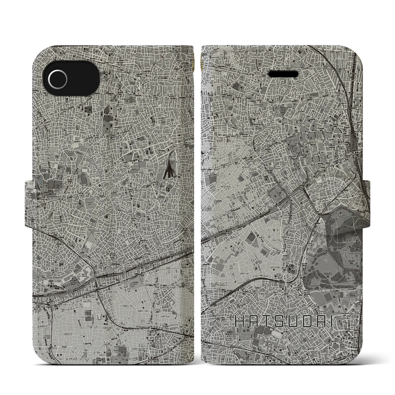 【初台(東京都)】地図柄iPhoneケース(手帳タイプ)モノトーン・iPhone SE(第3 / 第2世代) / 8 / 7 / 6s / 6 用