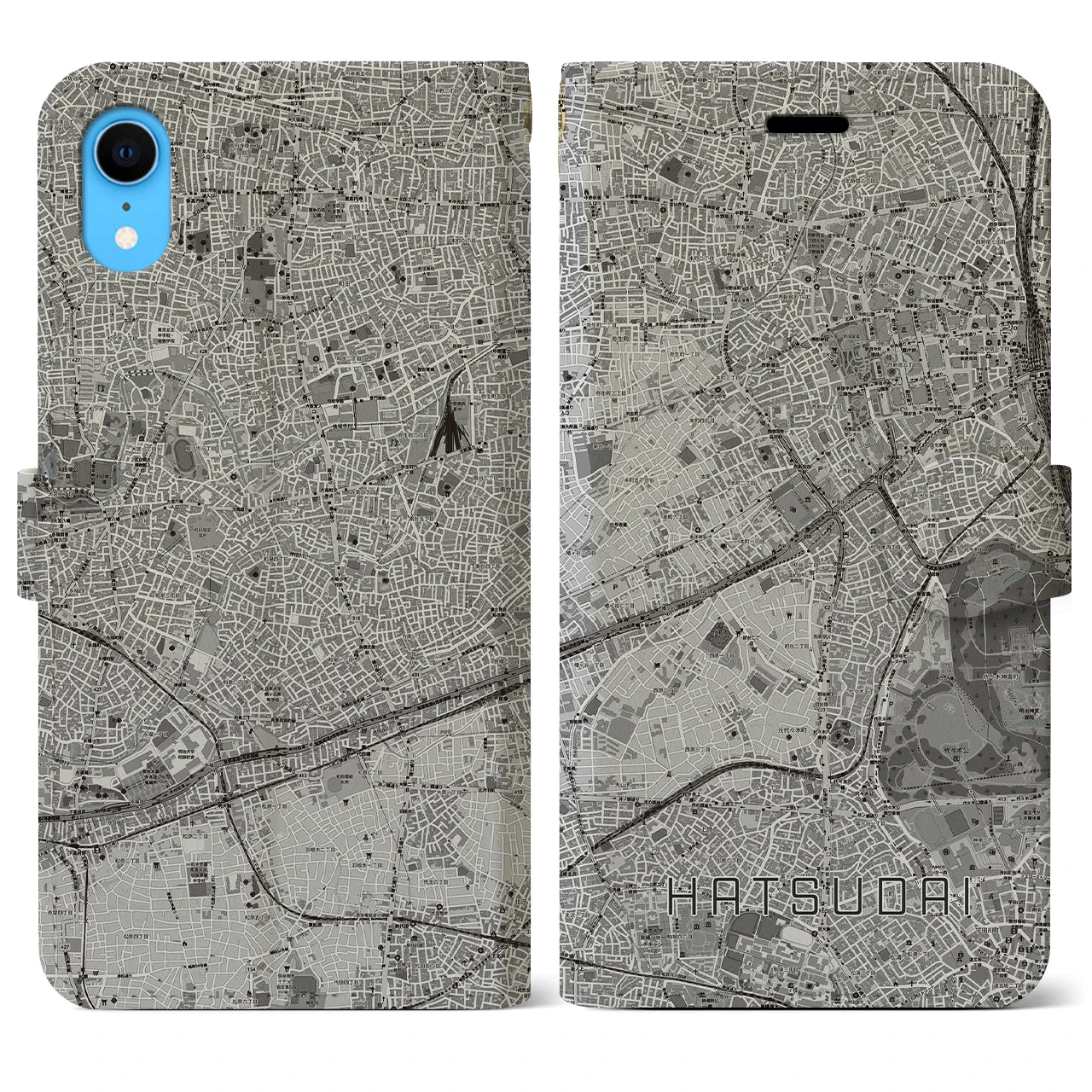 【初台(東京都)】地図柄iPhoneケース(手帳タイプ)モノトーン・iPhone XR 用