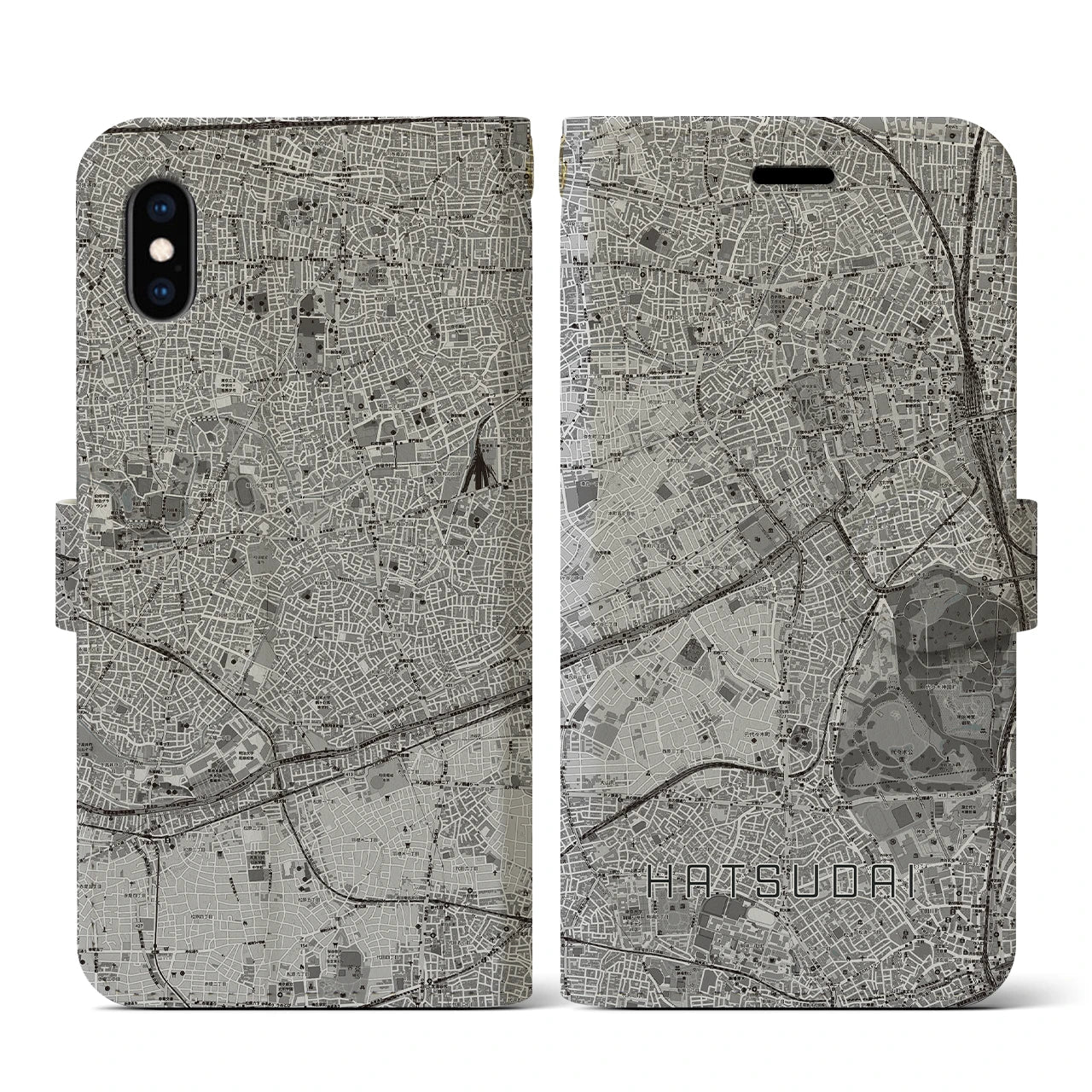 【初台(東京都)】地図柄iPhoneケース(手帳タイプ)モノトーン・iPhone XS / X 用