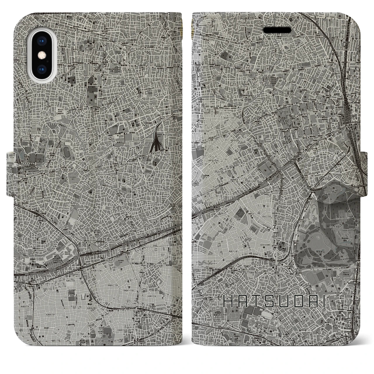 【初台(東京都)】地図柄iPhoneケース(手帳タイプ)モノトーン・iPhone XS Max 用