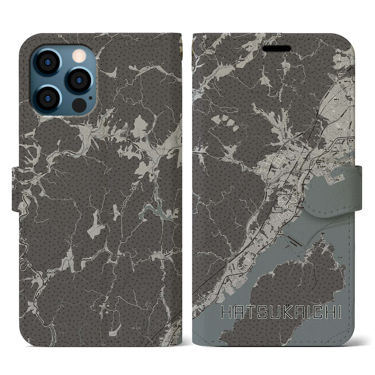 【廿日市(広島県)】地図柄iPhoneケース(手帳タイプ)モノトーン・iPhone 12 / 12 Pro 用
