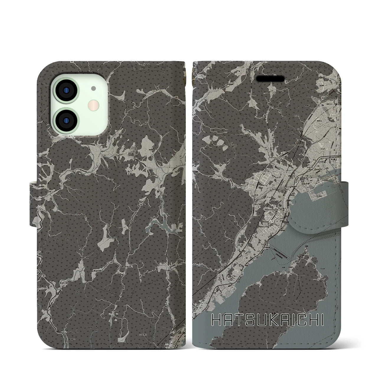 【廿日市(広島県)】地図柄iPhoneケース(手帳タイプ)モノトーン・iPhone 12 mini 用