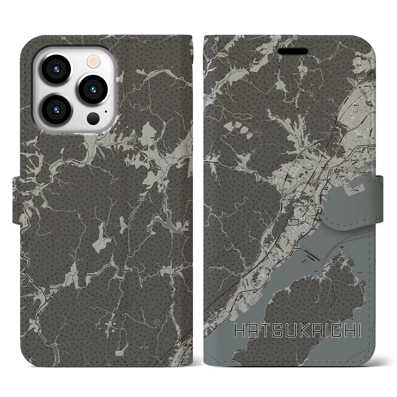【廿日市(広島県)】地図柄iPhoneケース(手帳タイプ)モノトーン・iPhone 13 Pro 用