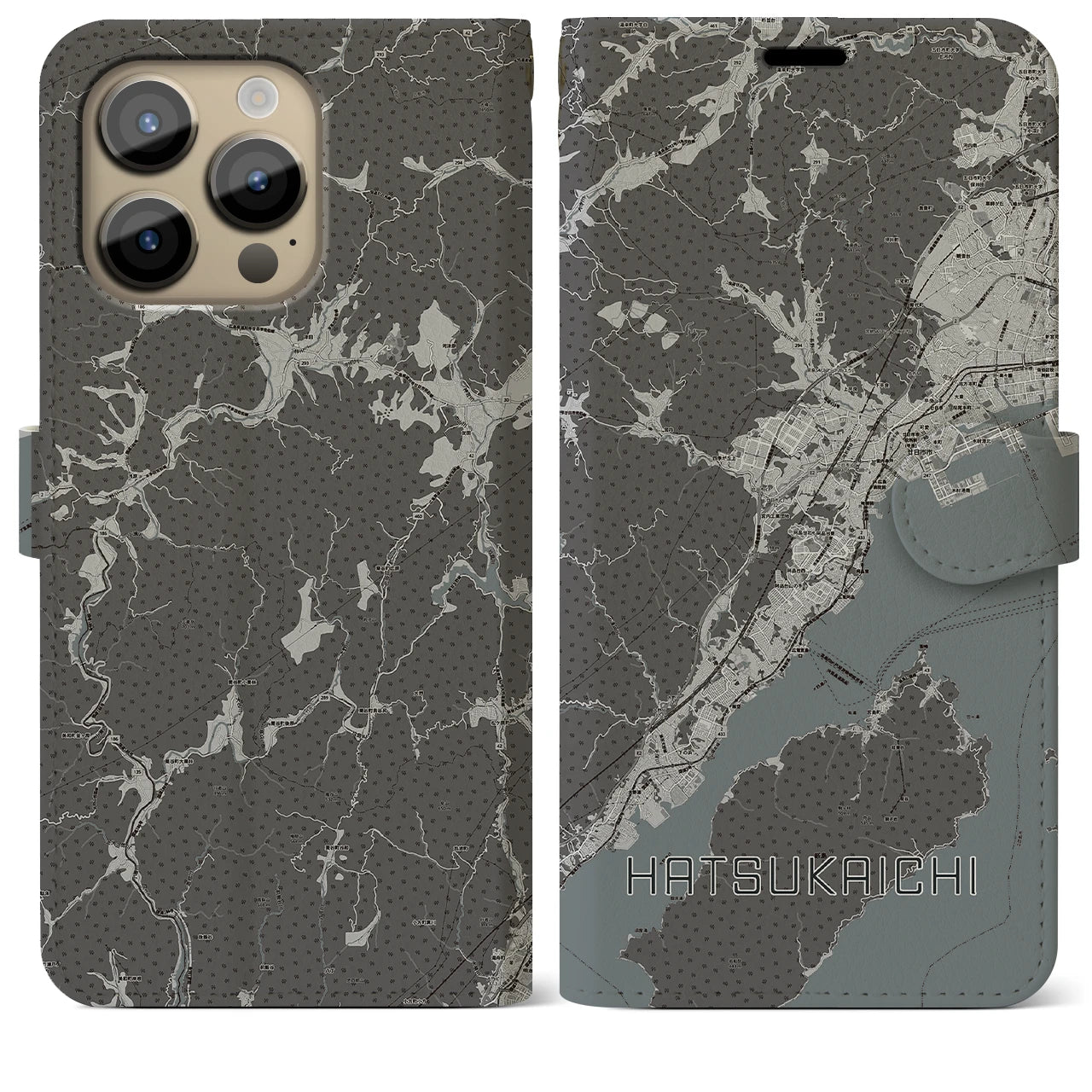 【廿日市(広島県)】地図柄iPhoneケース(手帳タイプ)モノトーン・iPhone 14 Pro Max 用