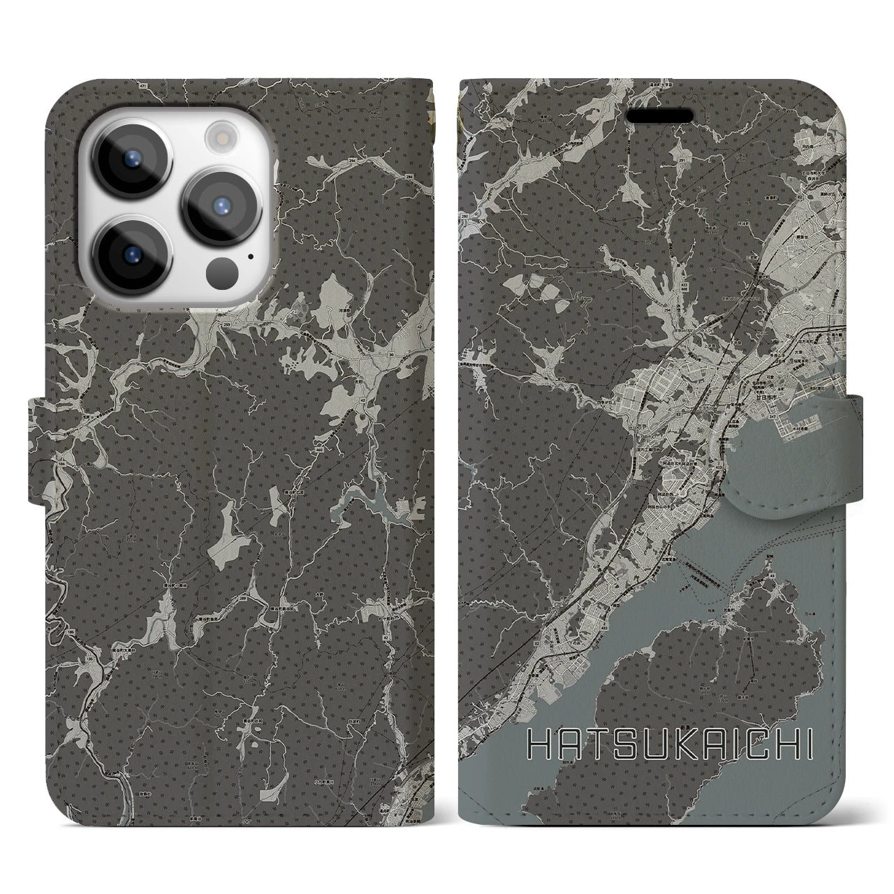 【廿日市(広島県)】地図柄iPhoneケース(手帳タイプ)モノトーン・iPhone 14 Pro 用