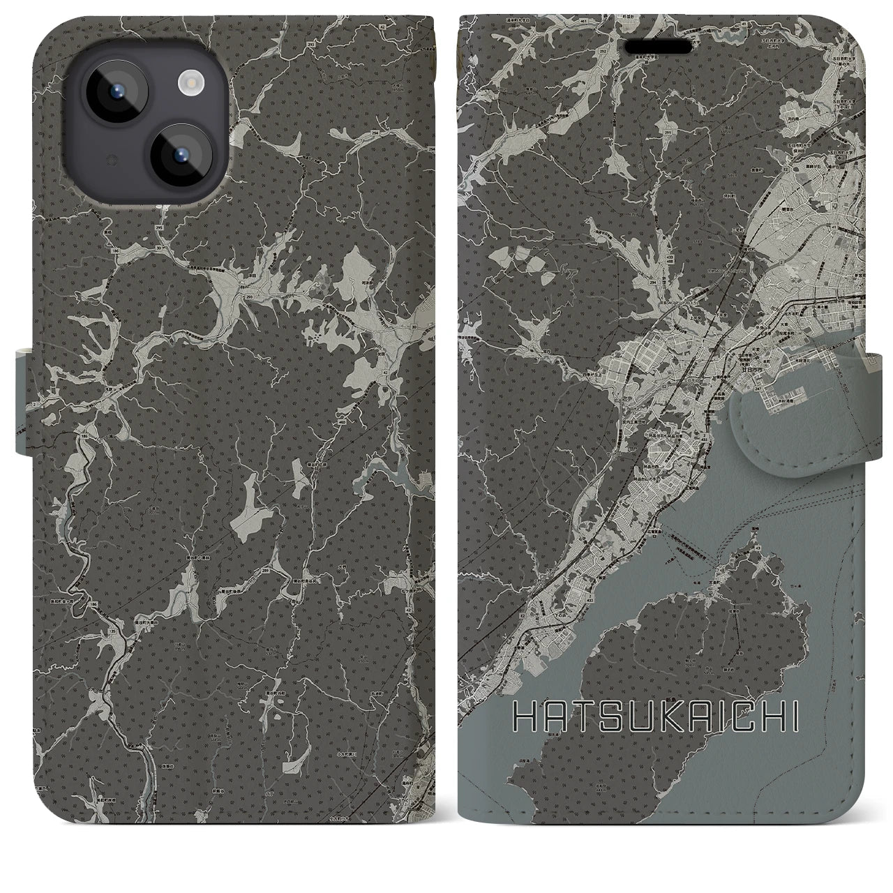 【廿日市(広島県)】地図柄iPhoneケース(手帳タイプ)モノトーン・iPhone 14 Plus 用