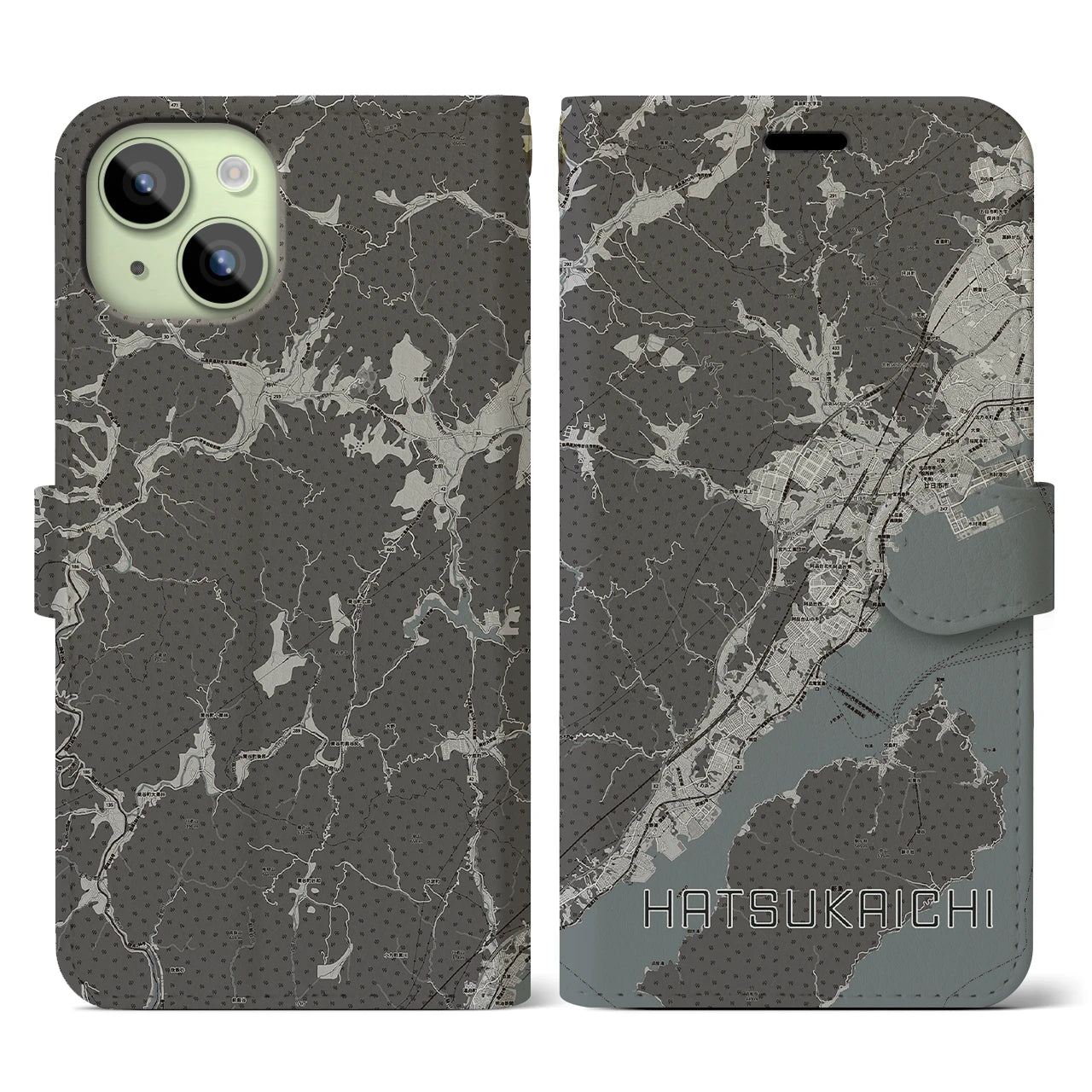 【廿日市(広島県)】地図柄iPhoneケース(手帳タイプ)モノトーン・iPhone 15 用