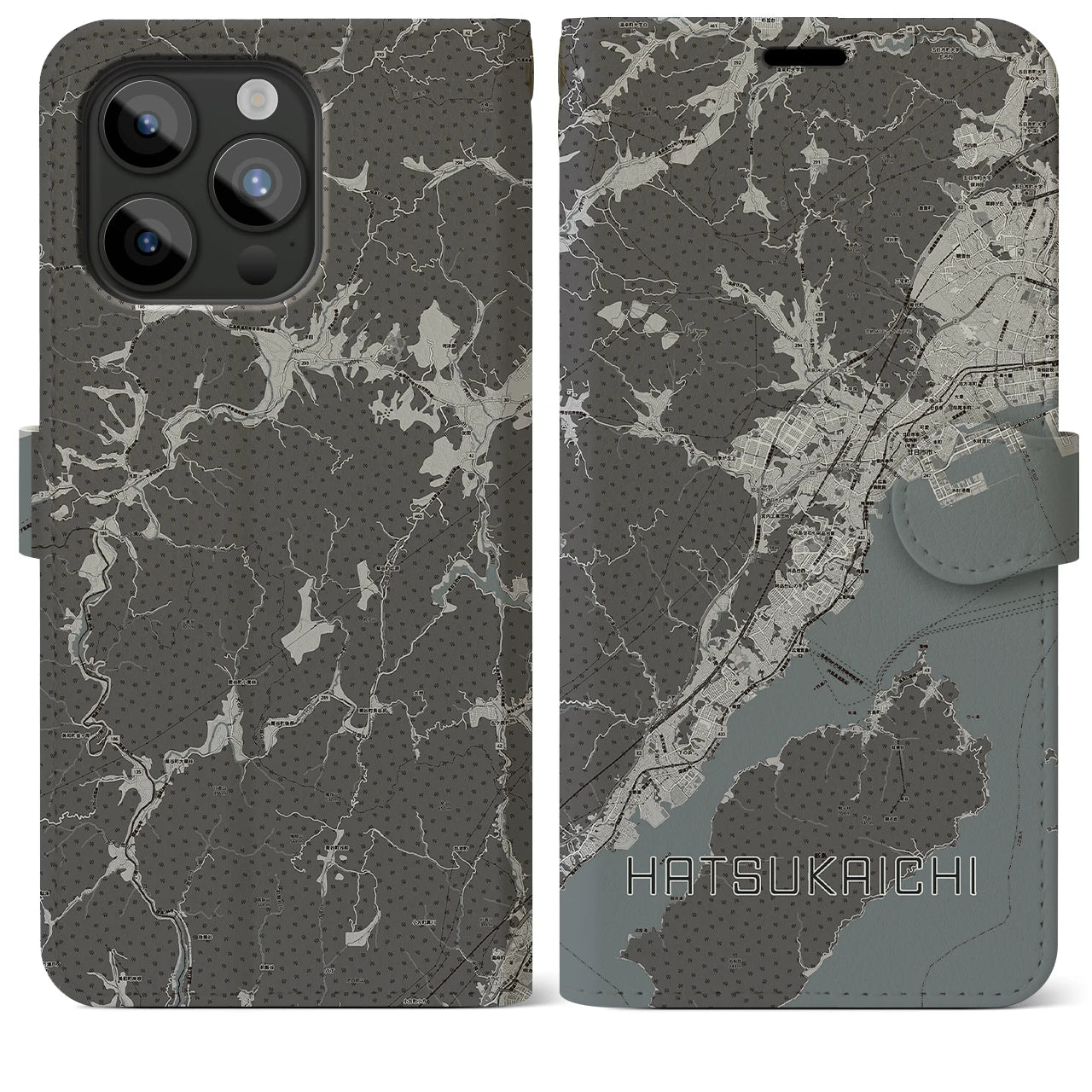 【廿日市(広島県)】地図柄iPhoneケース(手帳タイプ)モノトーン・iPhone 15 Pro Max 用