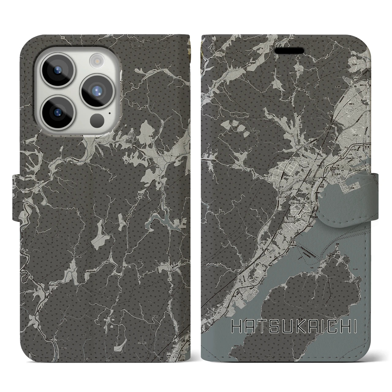 【廿日市(広島県)】地図柄iPhoneケース(手帳タイプ)モノトーン・iPhone 15 Pro 用