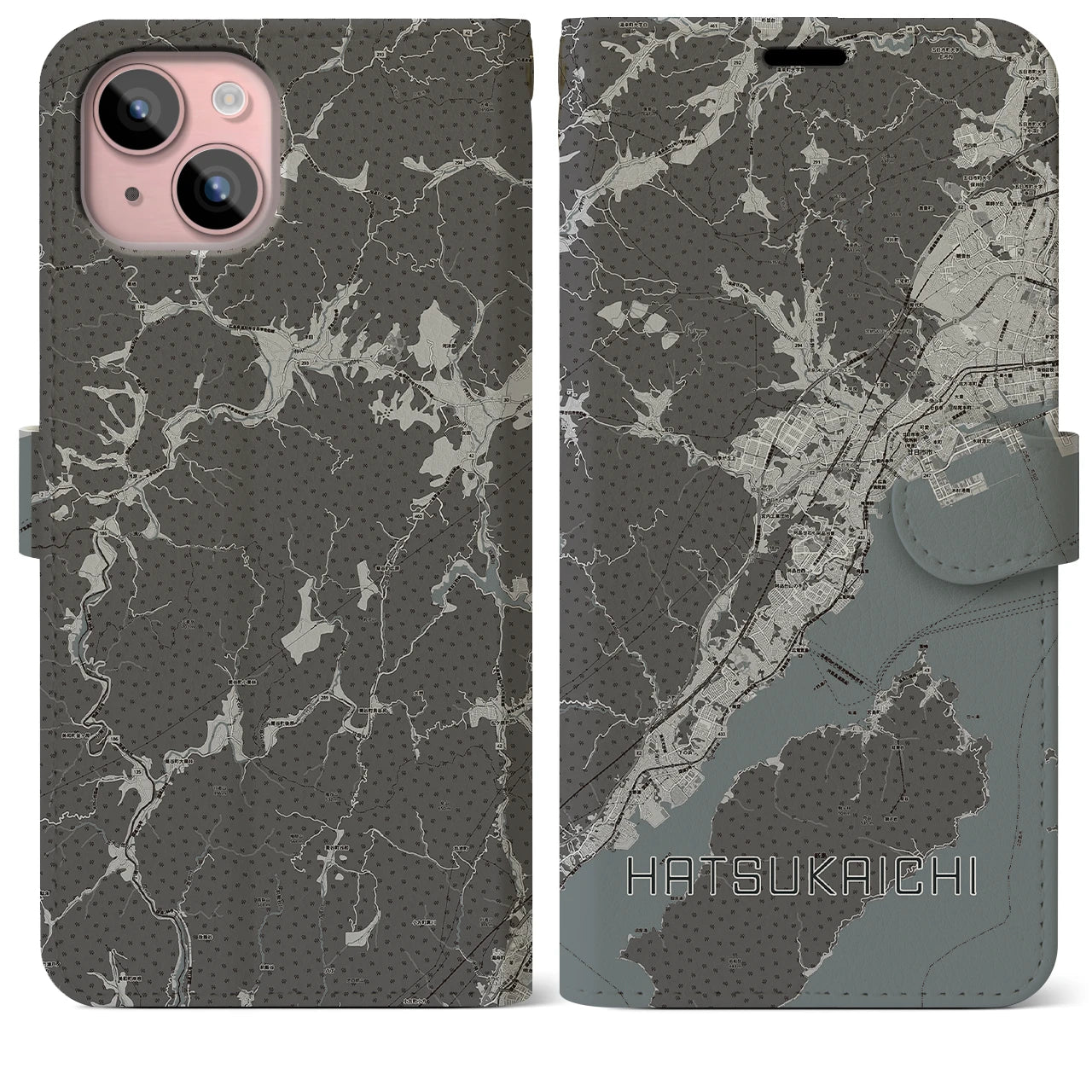 【廿日市(広島県)】地図柄iPhoneケース(手帳タイプ)モノトーン・iPhone 15 Plus 用