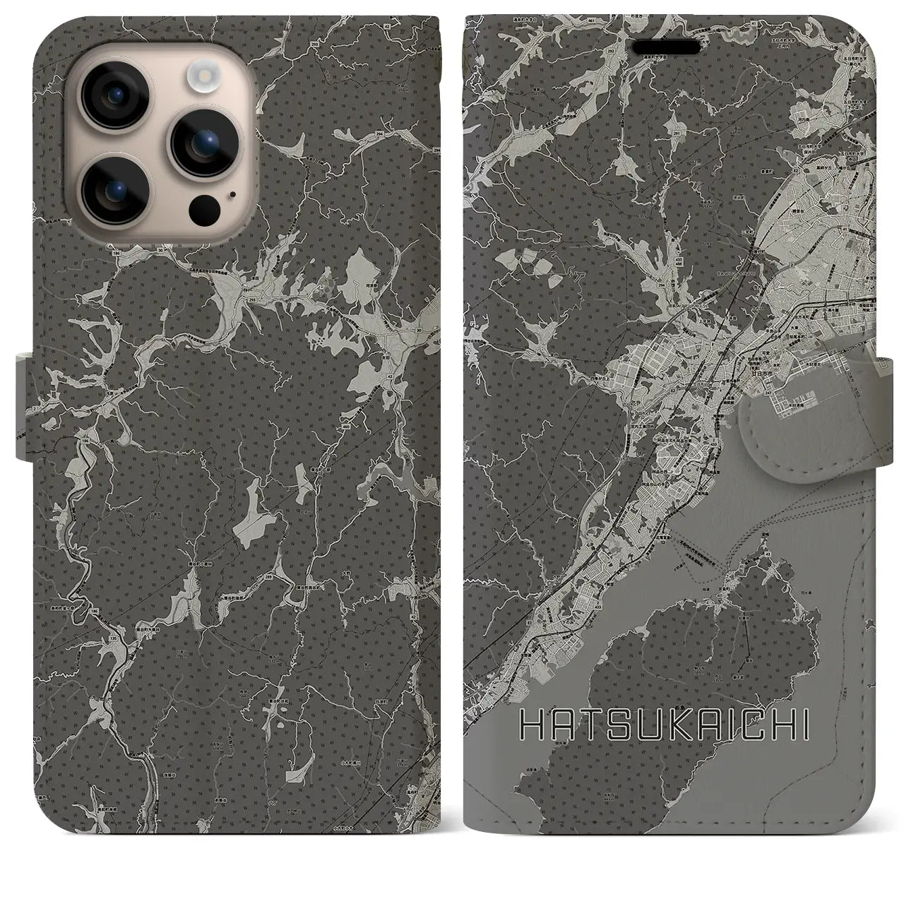 【廿日市(広島県)】地図柄iPhoneケース(手帳タイプ)モノトーン・iPhone 16 Plus 用